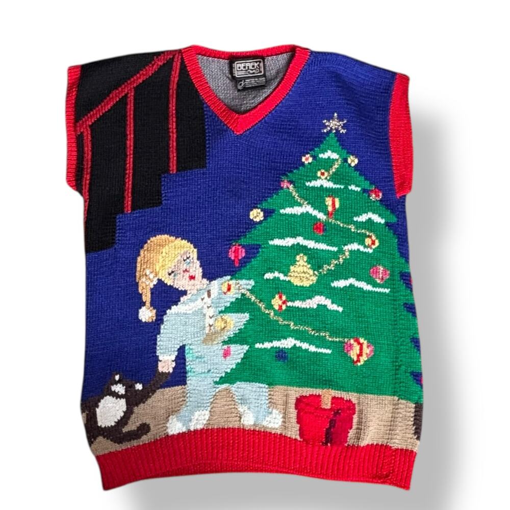 Vintage Berek 80s Hand Knit Christmas Vest Holiday Sweater Santa Tree High Vneck
